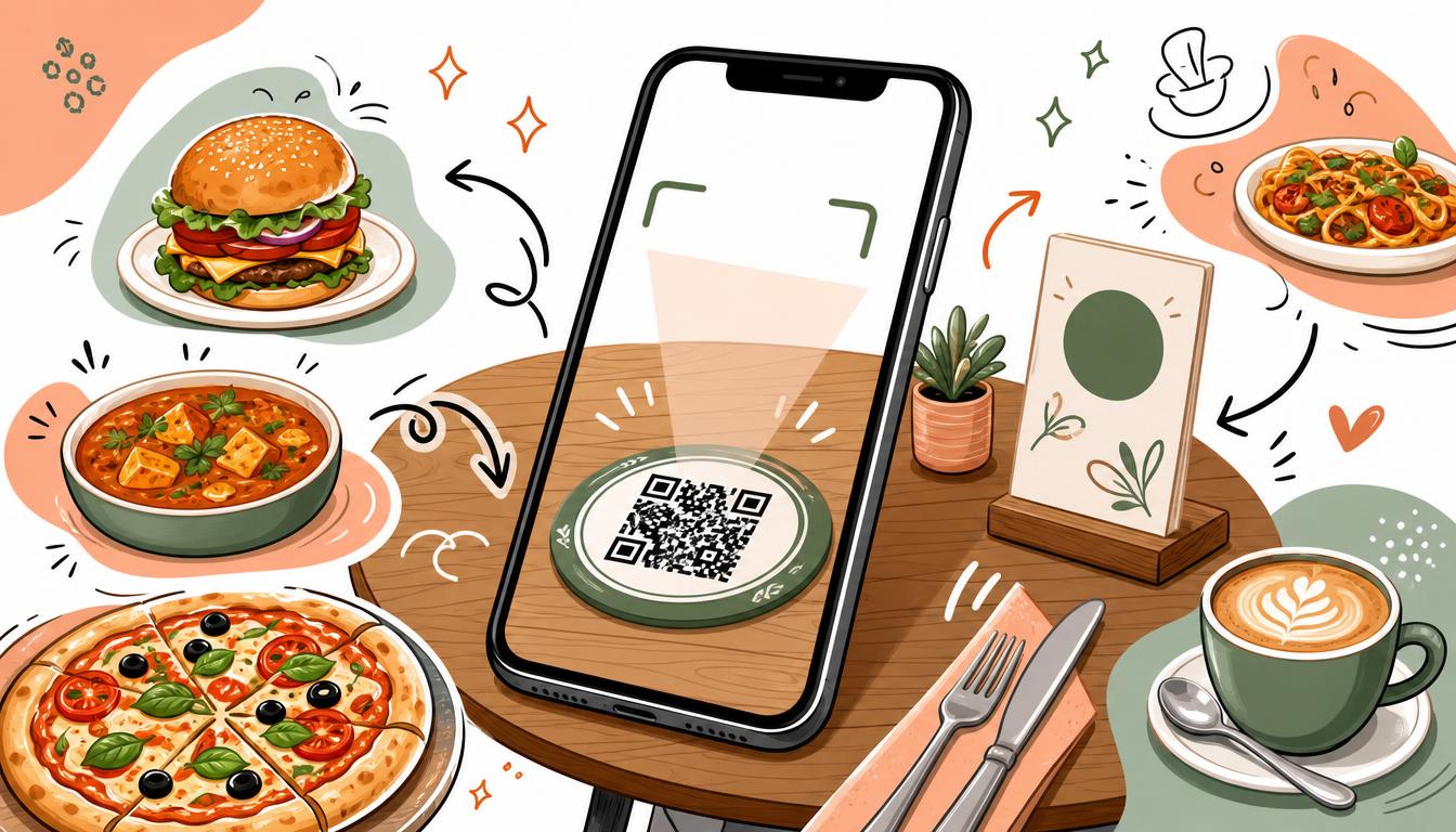 Illustration of a phone scanning a QR code on a cafe table to order food